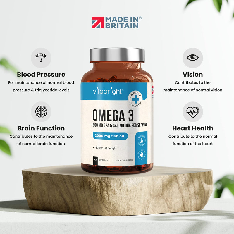 Omega 3 Pure Fish Oil 2000mg - 300 Softgel Capsules (5 Months Supply) - 660mg EPA & 440mg DHA per Serving - Supports Brain, Heart Function and Eye Health - Made in The UK by VitaBright - NewNest Australia