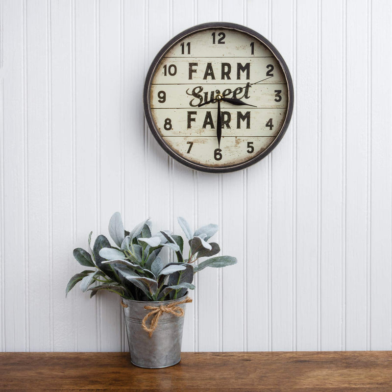 NewNest Australia - Primitives by Kathy Distressed Round Slatted Wood Clock, Farm Sweet Farm 
