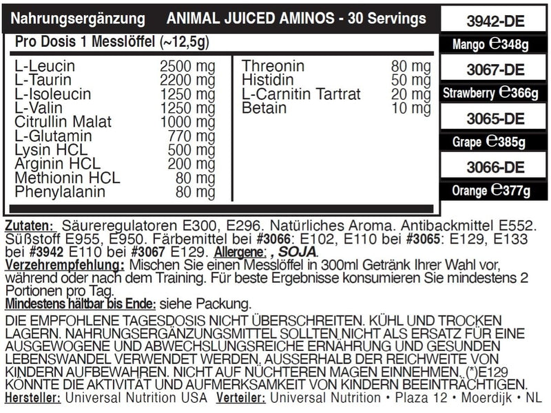 Universal Nutrition Animal Juiced Aminos (Peach Mango) - Post Workout Supplement With 6G Bcaa/Eaa Matrix & 4G Amino Acid Blend For Improved Performance & Muscle Recovery, 30 Measuring Spoons - NewNest Australia