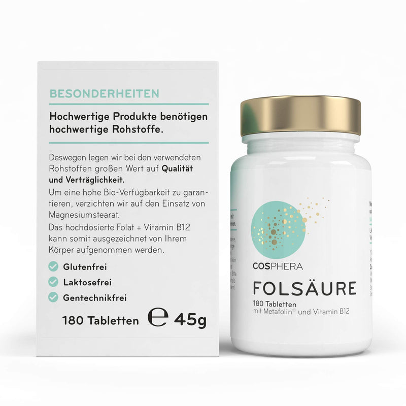 Folic acid tablets - High dose with 800 μg folate (metafolin) and 25 μg vitamin B12 per tablet - 180 vegan tablets in a 6-month supply - With 5-MTHF, the best usable vitamin B9 - NewNest Australia