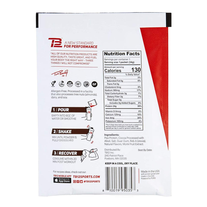 TB12 Plant Based Protein Powder, Sustainably Sourced Pea Protein, Chocolate Flavor - Vegan, 1g Net Carb, Non-GMO, Dairy-Free, Sugar-Free (1.12 Ounce, Pack of 12) 1.12 Ounce (Pack of 12) - NewNest Australia