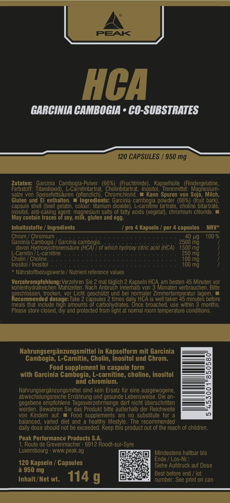 Peak Hca - 120 Capsules I 30 Servings I Hydroxycitric Acid I Blood Sugar Management I Fat Metabolism I Diet I Garcinia Cambogia I L-Carnitine I Inositol I Choline - NewNest Australia