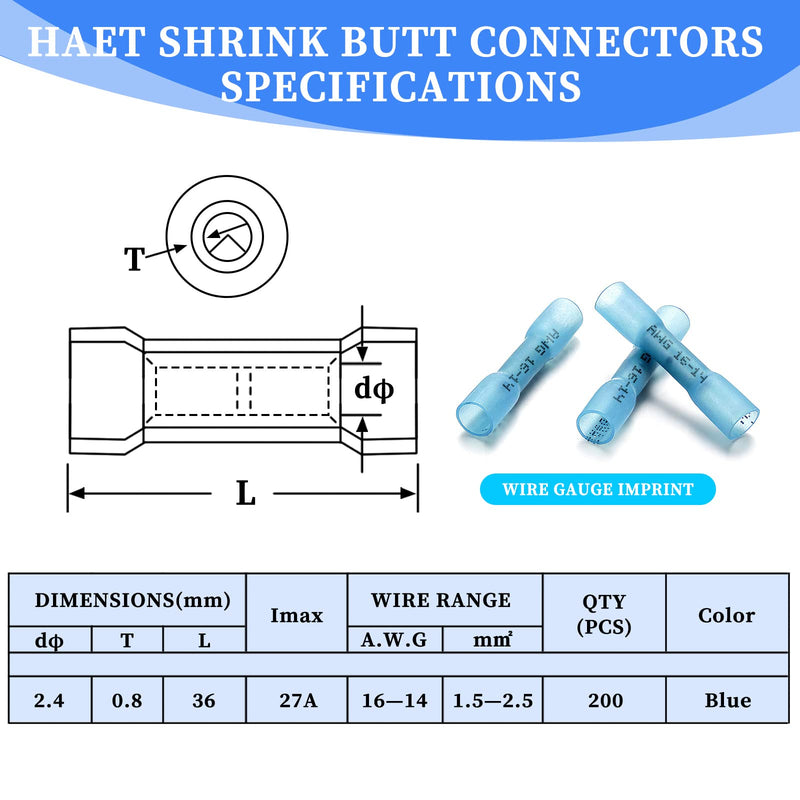 200 PCS Heat Shrink Butt Connectors, Qibaok Waterproof Butt Connectors Insulated Electrical Wire Connectors Crimp Connectors Butt Splice Terminal for Automotive Marine Boat Truck Trailer Stereo - NewNest Australia