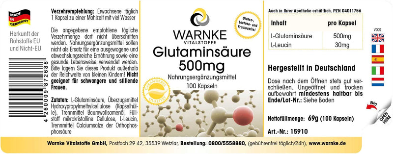 Glutamic acid 500mg - vegan & high dose - 100 capsules | Warnke vital substances - NewNest Australia