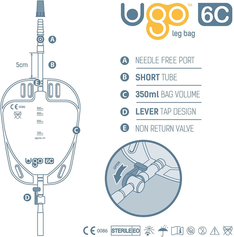 Ugo Leg Bags (x10) – Urine Drainage Bags/Catheter Leg Bags, T Tap or Lever Tap with Soft Fabric Backing and a Natural Leg-Shape Design (Pack of 10) (Ugo 6C - 350ml, Short Tube, Lever Tap) 1 Count (Pack of 10) - NewNest Australia