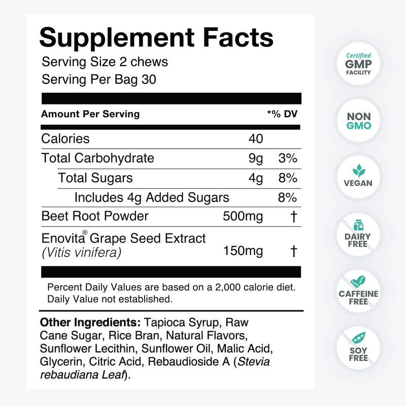 HumanN SuperBeets Heart Chews - Nitric Oxide Production for Daily Blood Pressure Support & Circulation - Grape Seed Extract & Non-GMO Beet Energy Chews - Pomegranate Berry Flavor, 60 Count - NewNest Australia