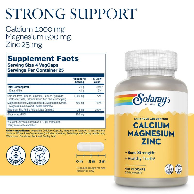 Solaray Calcium, Magnesium, Zinc | High Absorption with Glutamic Acid | Healthy Bones, Teeth, Nerve, Muscle, Heart & Immune Function Support | 100ct 100 Count (Pack of 1) - NewNest Australia