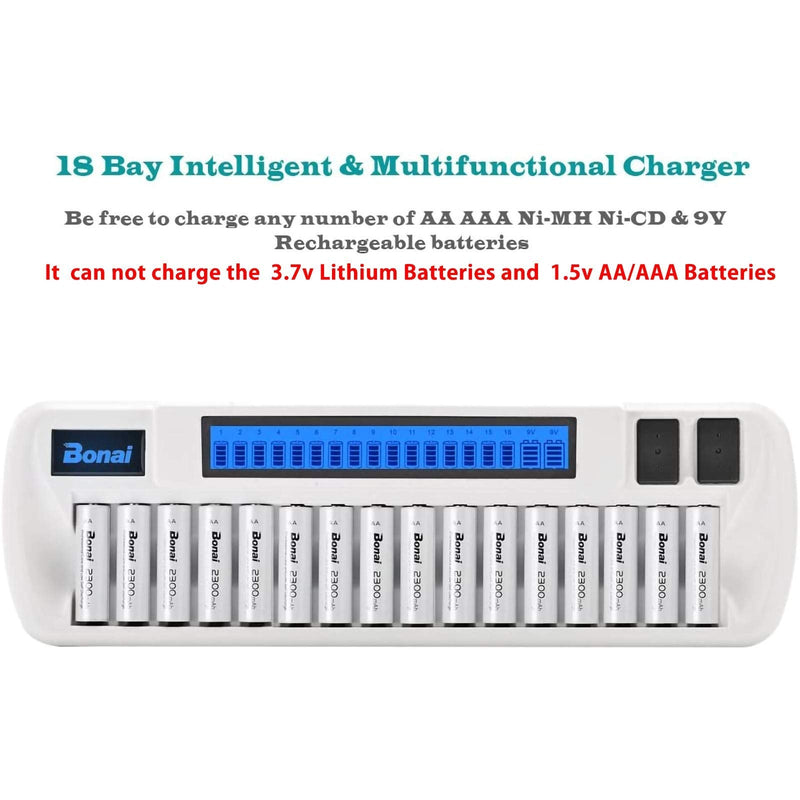 Bonai 16+2 Bay Rechargeable Battery Charger for NiMH AA AAA 9V Batteries (Updated, High Speed Charging) with Smart LCD Display and AC Wall Adapter, Batteries not Included - White - NewNest Australia