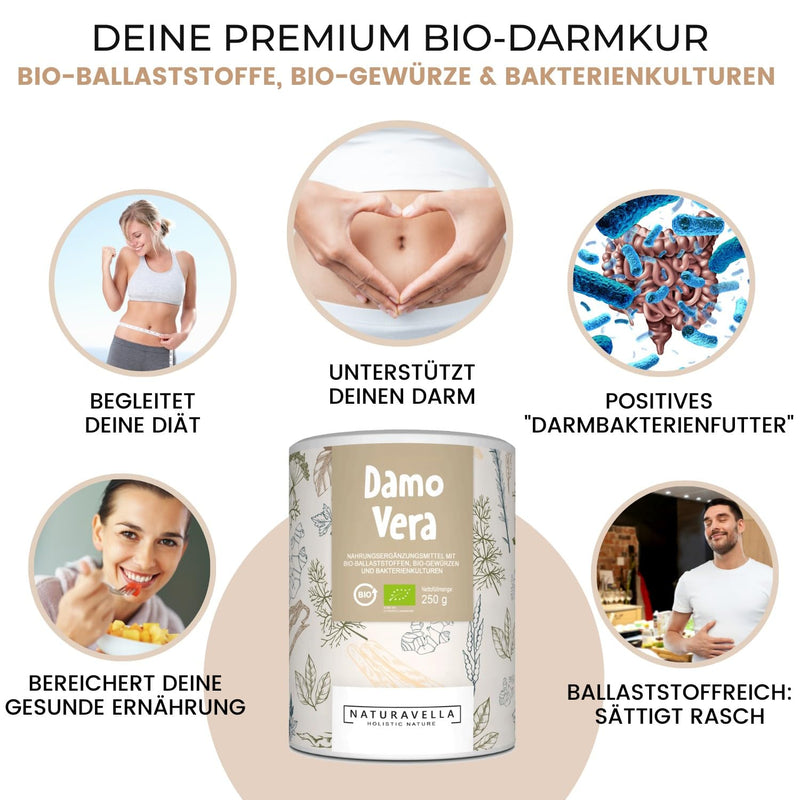 DamoVera® The organic intestinal treatment from the experts | Premium complex of organic fiber, organic spices and bacterial cultures I High dosage, vegan and laboratory tested, 250g - NewNest Australia