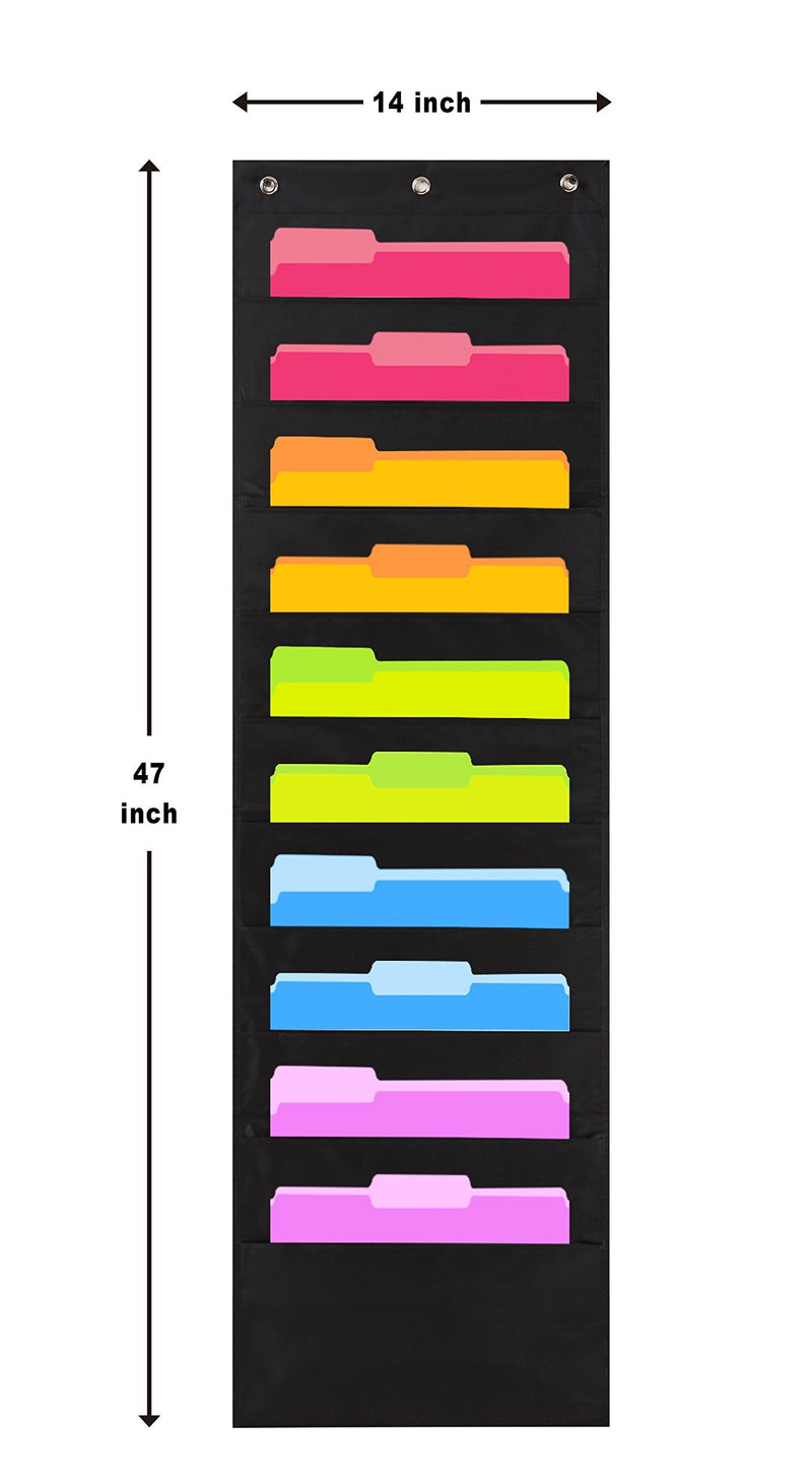 Heavy Duty Storage Pocket Chart (10 Pockets) - 3 Over Door Hangers Included - Hanging Wall File Organizer for File Folders Home/Office Papers & More - (Black), 14 inch x 47 inch - NewNest Australia