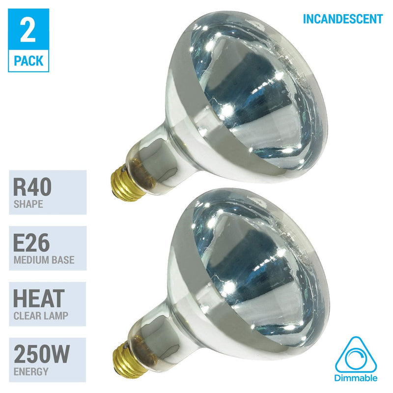 250R40/1 250-Watt, Incandescent R40 Reflector, Clear Head Lamp, Heat Flood Lamp Light Bulb, E26 Standard Medium Screw Base, 120V, 6,000 Hour Rated (Pack of 2-Clear-Heat Lamps) - NewNest Australia