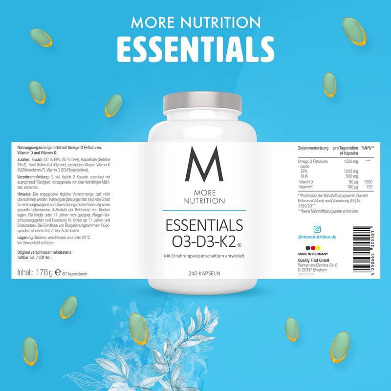 MORE NUTRITION Essentials O3-D3-K2, 240 fish oil capsules 240 capsules - standard - NewNest Australia