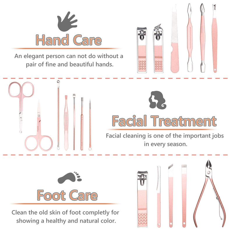 URAQT Nail Clippers, 18 pcs Manicure Pedicure Set, Nail Scissors Cuticle Remover for Men Women, Stainless Steel Nail Care Grooming Kit with Leather Case for Travel & Home A-Pink - NewNest Australia