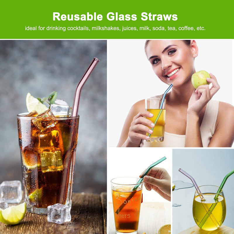 Glass Straws Reusable, 8 Pcs Multicolour Drinking Straw, Bent Glass Drinking Straws with 2 Cleaning Brushes, Eco Friendly Glass Straws for Smoothies Milkshake and Cocktail (19.5cm) - NewNest Australia