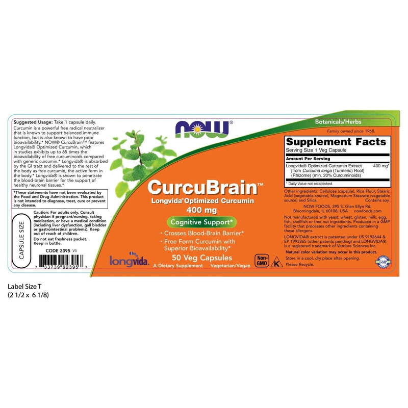 NOW Supplements, CurcuBrain 400 mg with Longvida Optimized Curcumin, 50 Veg Capsules - NewNest Australia