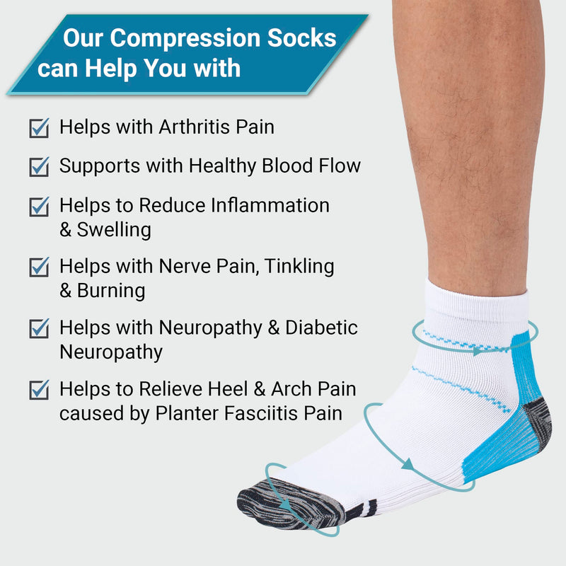 360 RELIEF - Compression Ankle Socks for Sprained Ankle Supports | Arch Pain, Plantar Fasciitis, Foot Swelling, Travel, Flight, Heel Spurs, Pregnancy | S/M, White/Blue with Mesh Laundry Bag | - NewNest Australia
