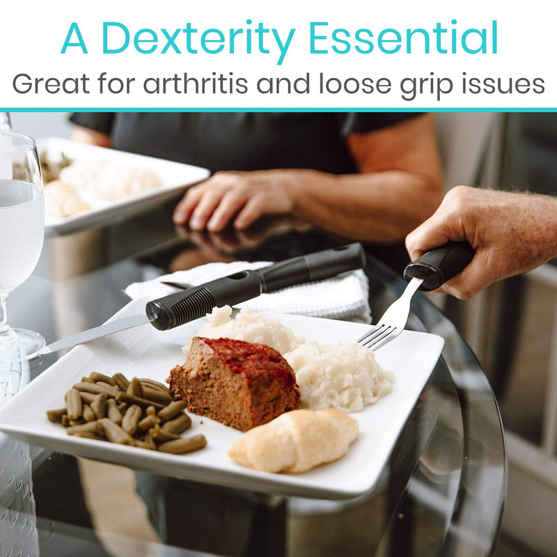 Vive Adaptive Utensil Set - Arthritis Aid Silverware for Parkinsons, Hand Tremors - Easy Grip for Shaking and Trembling Hands - Heavy Stainless Steel Spoon, Fork, Serrated Knife - Non Weighted Holder - NewNest Australia
