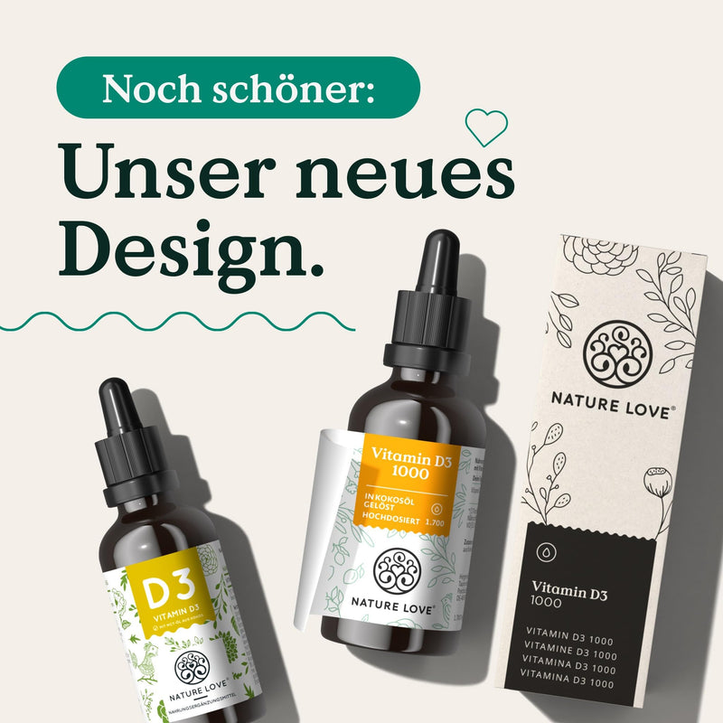 NATURE LOVE® Vitamin D3 1000 (50ml liquid) - laboratory tested 1000 IU per drop - in MCT oil from coconut - high dose of vitamin D - highly bioavailable, very high stability and without unnecessary additives - NewNest Australia