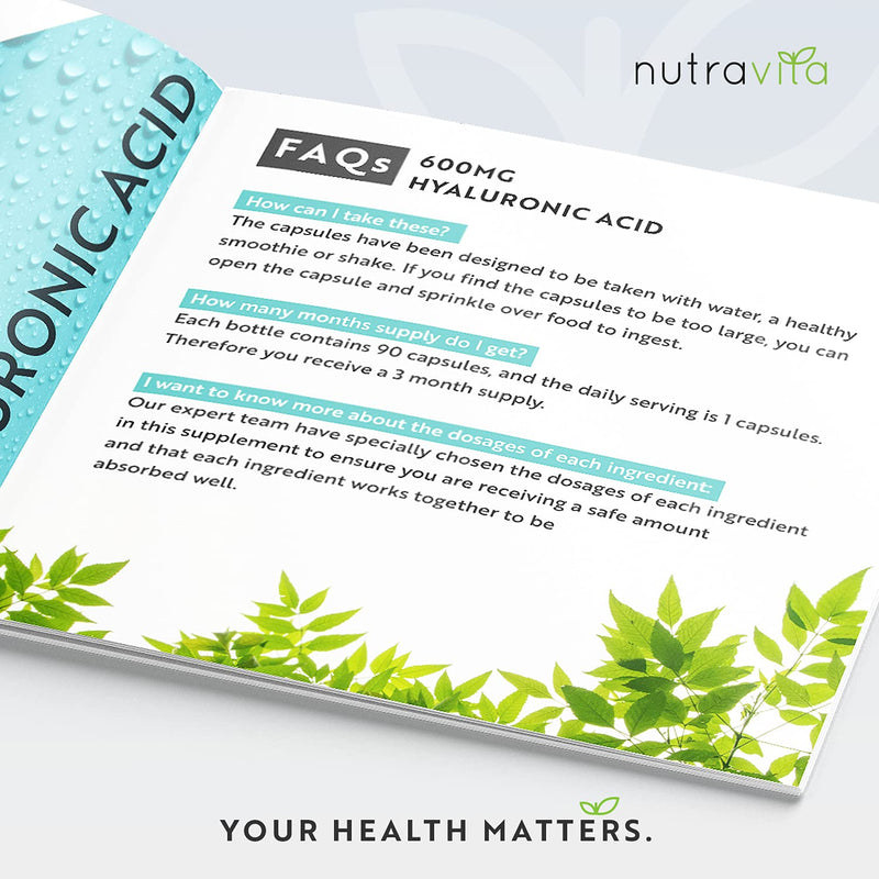 Hyaluronic Acid Capsules - 3 Month Supply of 600mg Hyaluronic Acid Capsules - High Dose with 500-700 KDA - GMO Free with No Synthetic Fillers or Binders - Made in The UK by Nutravita 90 Capsules - NewNest Australia