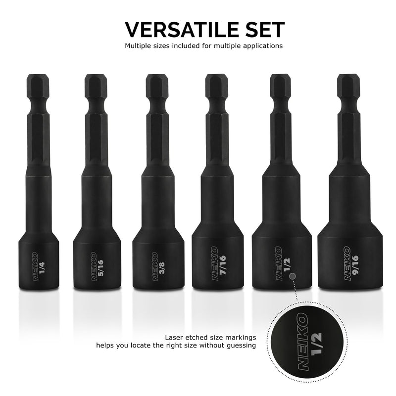 Neiko 10190A Impact Ready Magnetic Nut Driver Bit Set | 6 Piece | SAE | 1/4” to 9/16” | 2-9/16” Length | Cr-V - NewNest Australia