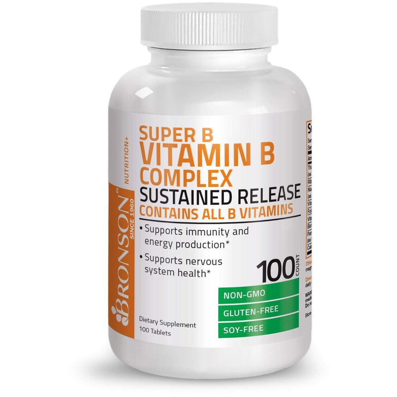 Bronson Super B Vitamin B Complex Sustained Slow Release (Vitamin B1, B2, B3, B6, B9 - Folic Acid, B12) Contains All B Vitamins 100 Tablets 100 Count (Pack of 1) - NewNest Australia