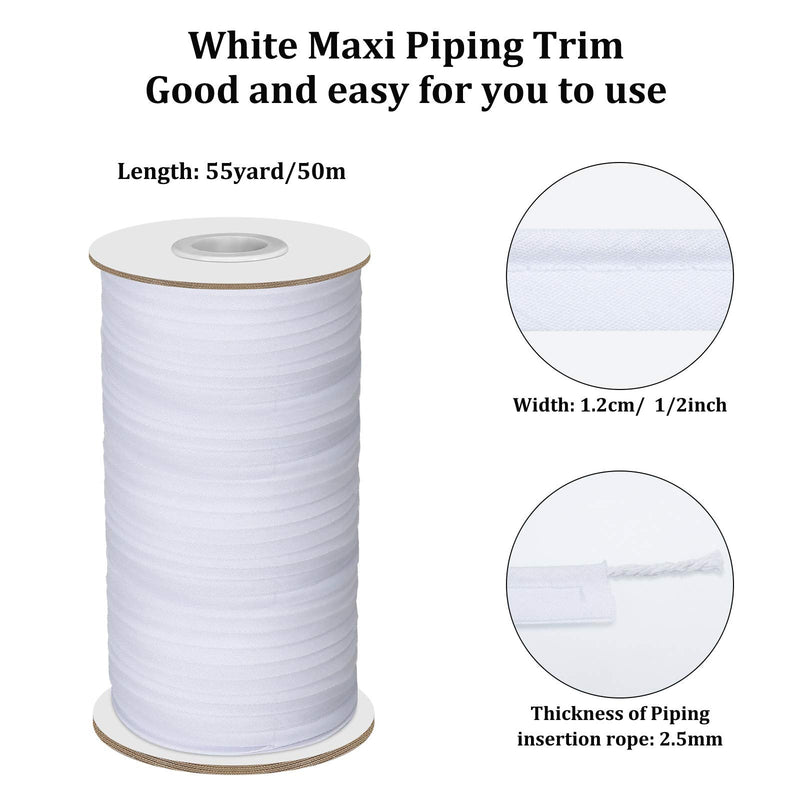 55 Yards Single Fold Bias Tape Maxi Piping Trim Welting Cord from Polyester for Sewing Trimming Upholstery, 2.5 mm, 1/2 Inch (White) White - NewNest Australia