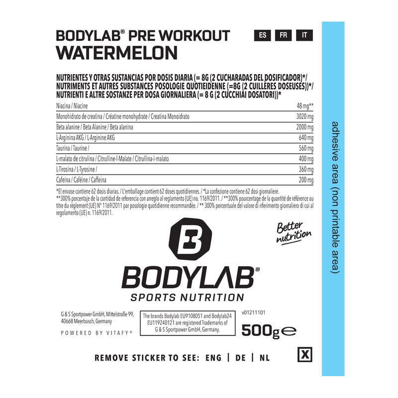 Bodylab24 Concentrated Pre-Workout Booster Watermelon 500 G, Energy Booster With Creatine, Beta-Alanine, Arginine, Niacin And Caffeine In Optimal Ratio For More Power And Energy In Training - NewNest Australia