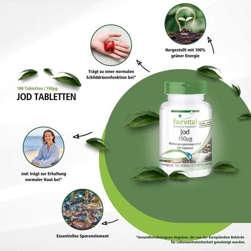 Fairvital | Iodine tablets - HIGH DOSE with 150µg iodine per tablet - made from potassium iodide - VEGAN - 180 tablets - NewNest Australia