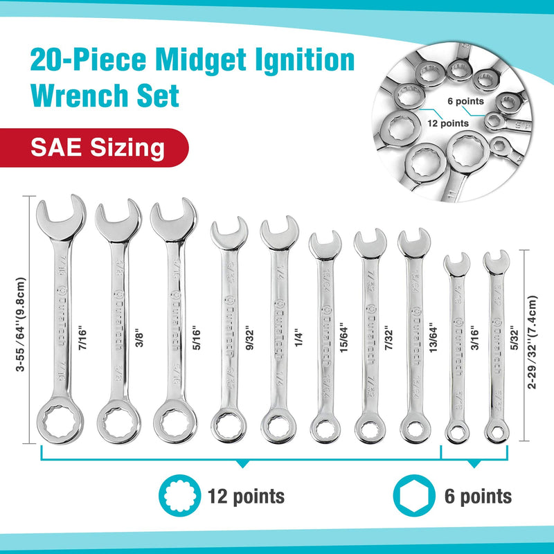 DURATECH Midget Wrench Set, Mini Combination Wrench Set, Metric & SAE, 20-Piece, 4-11mm & 5/32'' to 7/16'', Lightweight, with Rolling Pouch - NewNest Australia