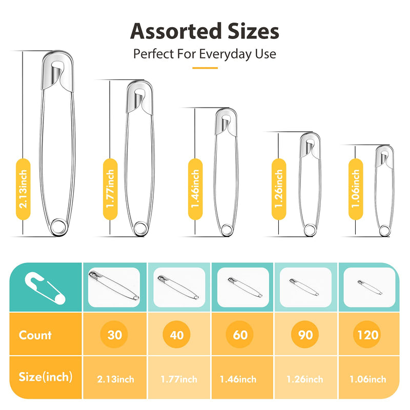 Safety Pins Assorted, 340 PCS Nickel Plated Steel Large Safety Pins Heavy Duty, 5 Different Sizes Safety Pin, Safety Pins Bulk (Silver) Silver - NewNest Australia