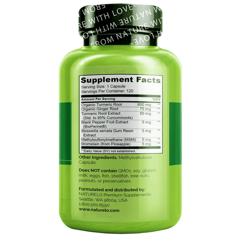 NATURELO Turmeric Curcumin - BioPerine for Better Absorption - Curcuminoids, Black Pepper, Ginger Powder - Plant-Based Joint Support - 120 Vegan Capsules 120 Count (Pack of 1) - NewNest Australia