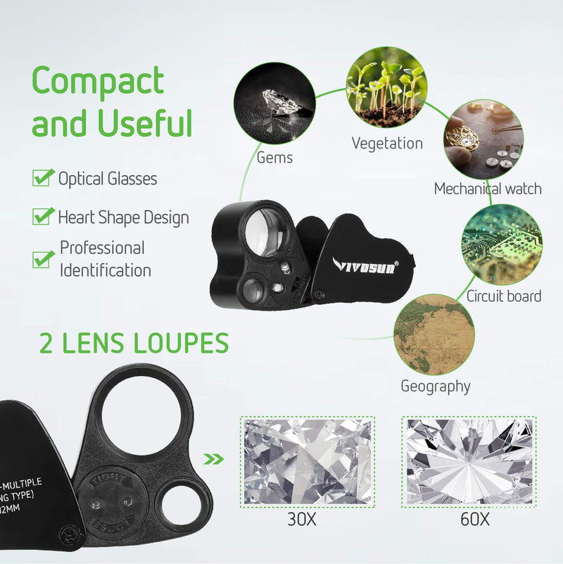 VIVOSUN 2-Pack 30X 60X Illuminated Jewelers Loupe Foldable Magnifier with LED Light for Jewelry Gems Watches Coins Stamps Antiques Black Black 2-pack - NewNest Australia