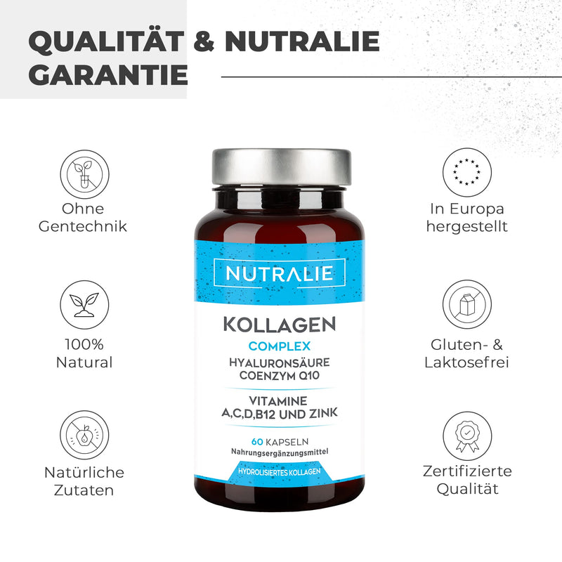 Collagen + Hyaluronic Acid + Coenzyme Q10 + Vitamins A, C, D and B12 + Zinc | For the joints and for the skin | Collagen hydrolyzate in 60 capsules | Nutralie 41.4 g - NewNest Australia