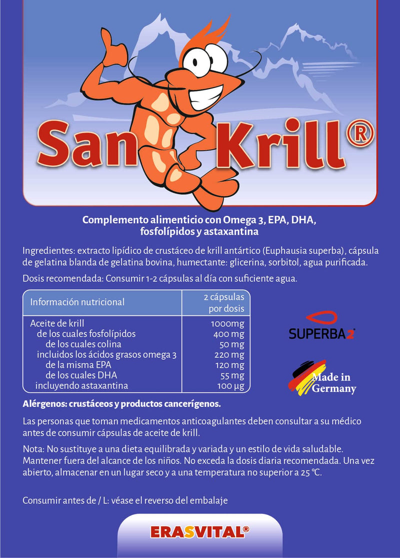 Krill oil SanKrill 60 capsules 500 mg each Superba Antarctic krill oil with high-dose omega 3 fatty acids (EPA, DHA) and astaxanthin - NewNest Australia