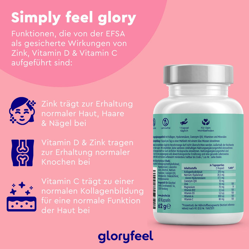 Collagen, Coenzyme Q10 Hyaluronic Acid Premium: Marine Collagen, With Zinc, Magnesium, Vitamin B12, D3, A & C, 60 Capsules, Laboratory Tested, High Dose Without Additives, Made In Germany - NewNest Australia