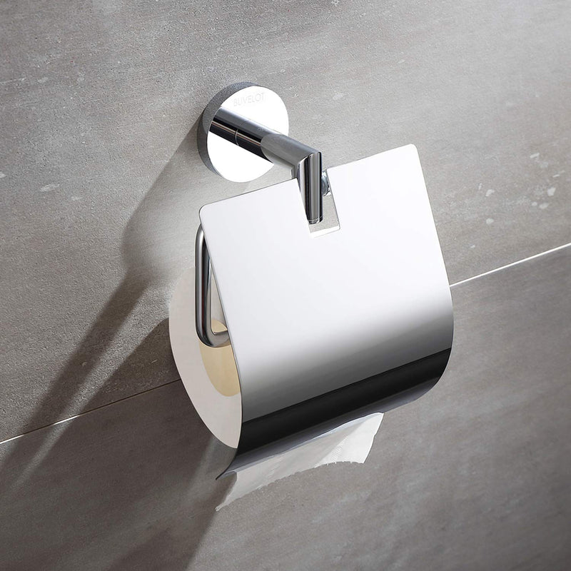 BUVELOT 077040-CR Leo Bathroom Toilet Paper Holder Tissue Roll Hanger with Cover Modern Style,Chrome Round with cover Chrome - NewNest Australia