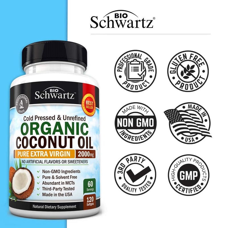 Coconut Oil Capsules 2000mg - Organic Pure Extra Virgin Unrefined Cold Pressed & Non-GMO for Healthy Skin Nails Weight Loss Hair Growth Brain Health Bloat Blood Pressure Anti Aging Digestion - 120ct - NewNest Australia
