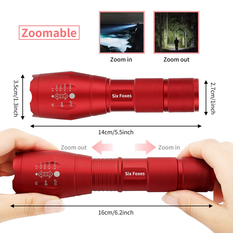 LED Tactical Flashlight, SIX FOXES Super Bright High Lumen Flashlight, CREE T6 Flashlight with 5 Modes, Zoomable Waterproof Flashlight Torch Light for Hiking, Camping - Red - NewNest Australia