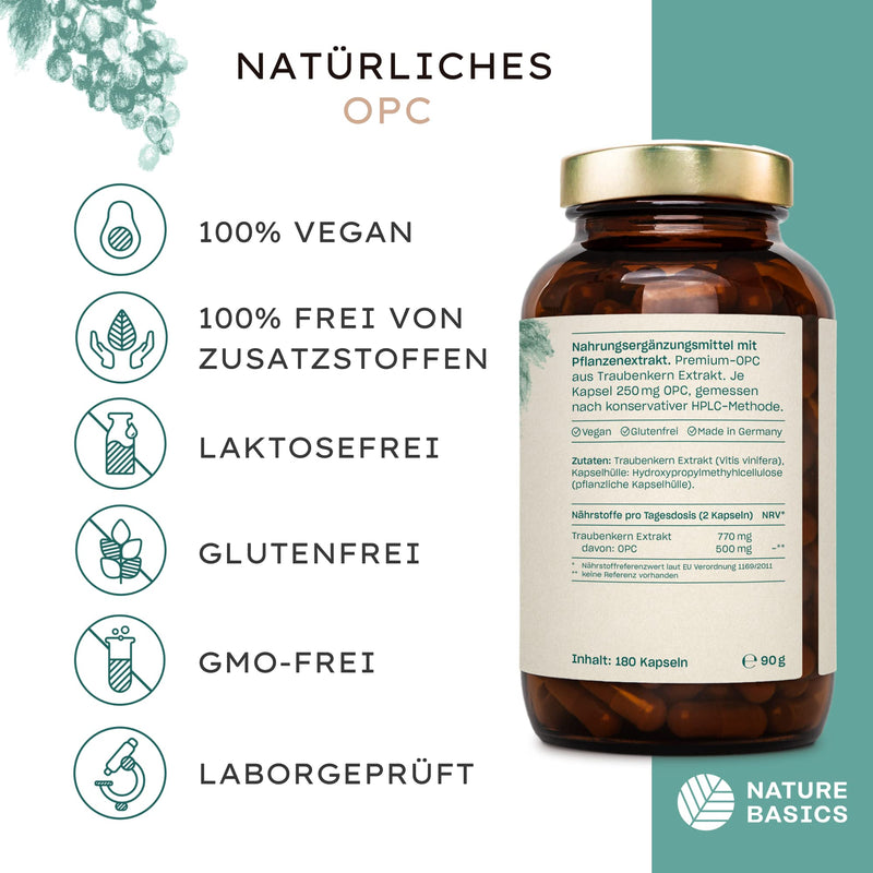 Natural OPC grape seed extract - 180 capsules in high doses / 500 mg of pure OPC per daily dose / High quality obtained from European grapes / Vegan, certified & sustainable in a glass - NewNest Australia