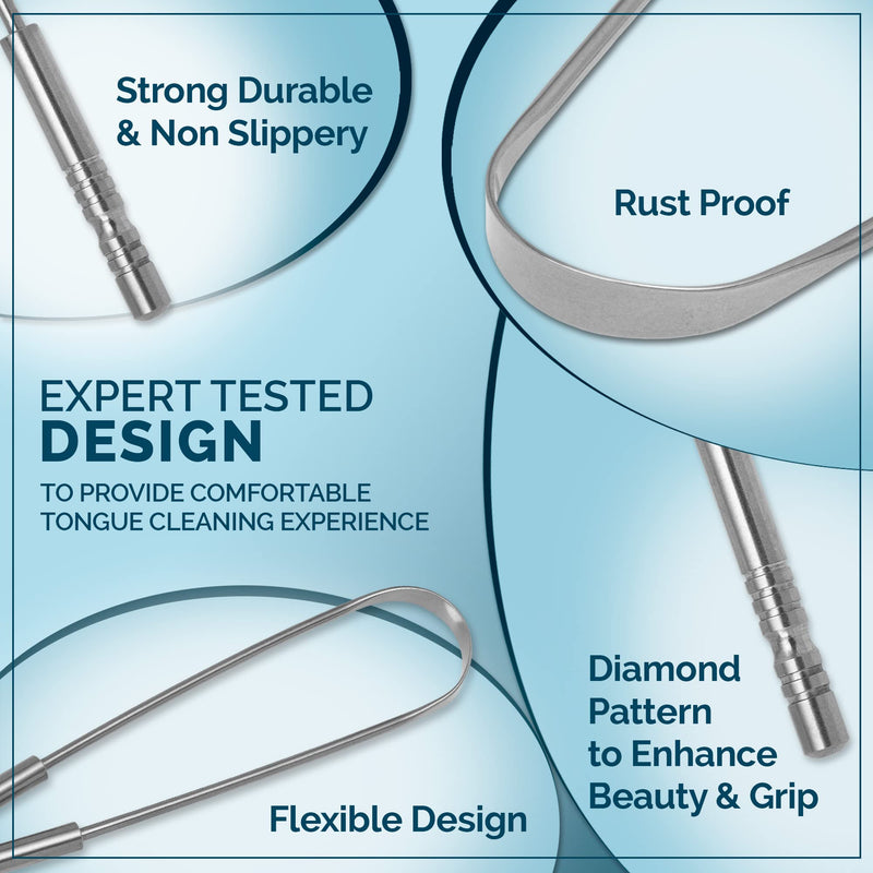 Mastermedi 100% Stainless Steel Tongue Scraper - 4 Pack Fights Bad Breath Large For Oral Care, Medical Grade Tongue Cleaner For Adults And Children, Easy To Use With Non-Plastic Handle - NewNest Australia