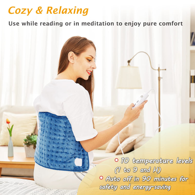 Electric Heat Pad for Back Pain Relief, Heating Pad with Auto Shut Off in 90 min, 10 Heat Level Settings, Fast Heated Pad 100% Comfortable Polyester, Machine Washable, Mia&Coco 12"x24" (30x60cm) Blue - NewNest Australia