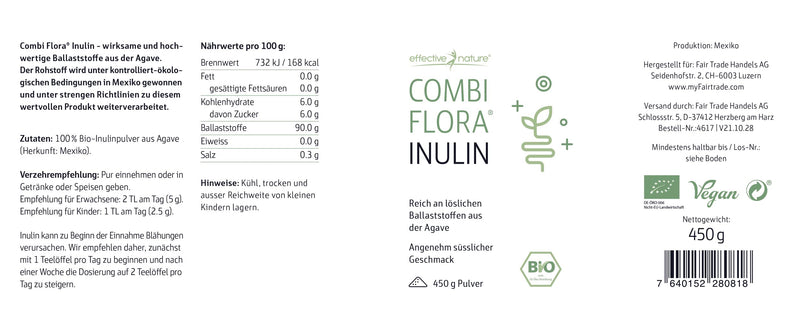 Effective Nature Organic Inulin Powder - 100% soluble fiber powder from organic agave, gluten-free, vegan - 450g - NewNest Australia