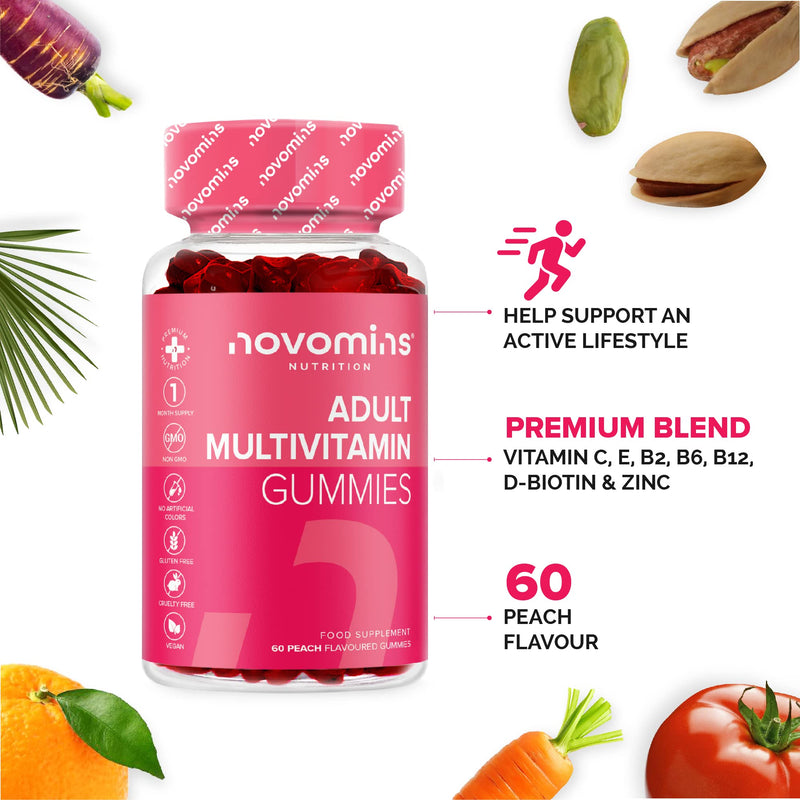 Multivitamin Gummies - 17 Essential Multi Vitamins – Chewable Gummy Vitamins - 1 Month Supply - Vegan – Peach - for Women & Men – Multivitamin Gummies by Novomins - NewNest Australia