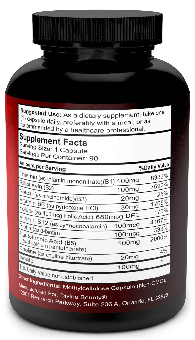 Divine Bounty Super B Complex Vitamins - All B Vitamins Including B12, B1, B2, B3, B5, B6, B7, B9, Folic Acid - Vitamin B Supplement - Support Healthy Energy Metabolism - 90 Vegetarian Capsules 1 - NewNest Australia