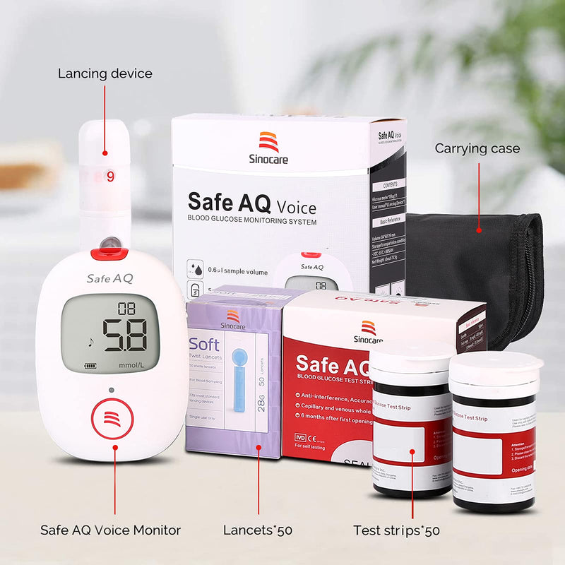 sinocare Blood Sugar Monitor, Diabetes Testing Kit with Voice Reminder and Light Warning Blood Glucose Monitor with Test Strips x 50 and Lancets x 50 & Case, Safe AQ Voice Glucometer -in mmol/L Test Kit - Voice - NewNest Australia