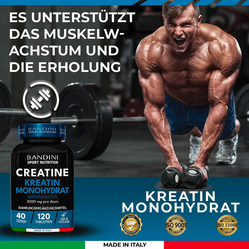Bandini Creatine Monohydrate Mercury Free 120 Tablets - 3000 Mg Creatine Monohydrate In Micronized Quality Optimal High Dose - Creatine Without Additives - 100% Vegan - Supply For 40 Days - NewNest Australia