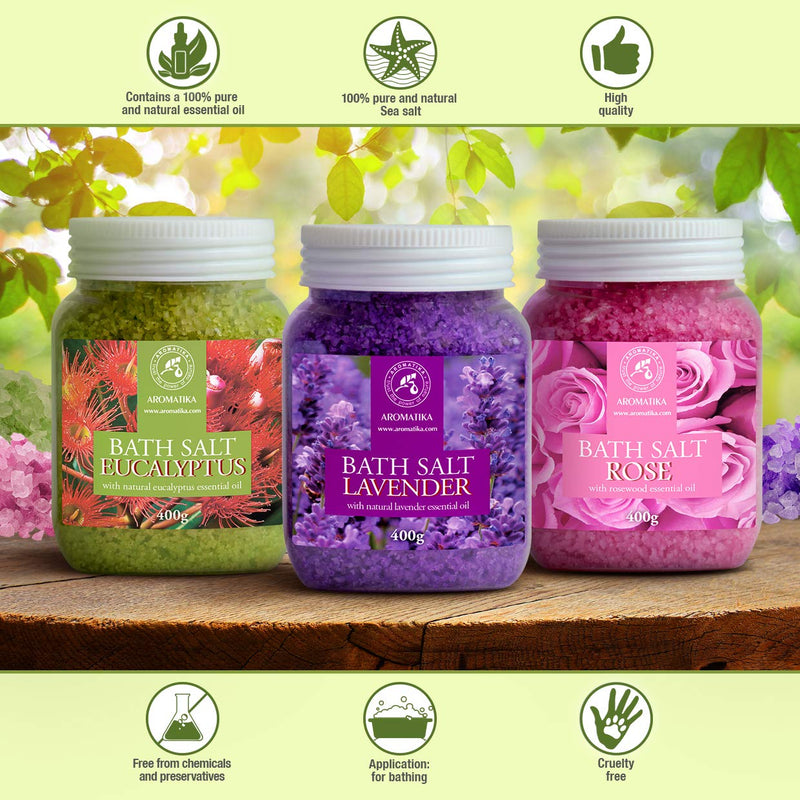 Bath Salts Set 3x400g - Lavender - Rose - Eucalyptus - 100% Natural Essential Oil - Best for Good Sleep - Stress Relief - Bathing - Body Care - Wellness - Beauty - Relaxation - Spa - NewNest Australia