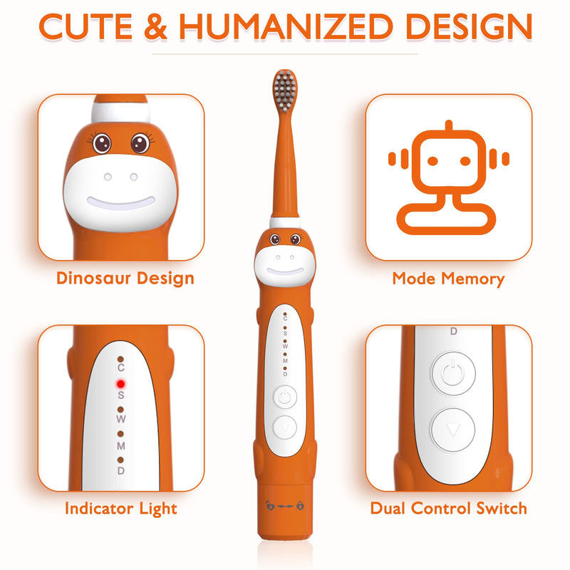 Dinosaur Toothbrush, Kids Sonic Electric Toothbrush for Children, Toddlers Boys Girls Age 3-12 with 30s Reminder, 2 Mins Timer, 5 Modes, 6 Brush Heads, Rechargeable, Wall-Mounted Holder 8680 Orange+ 6 Heads+ Holder(package Might Vary) - NewNest Australia