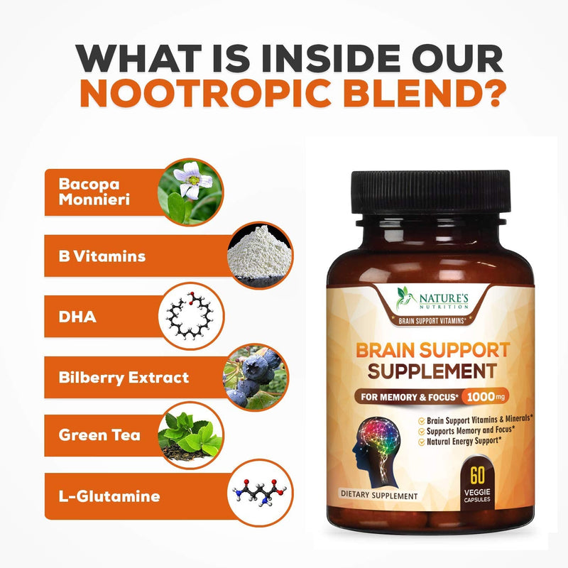 Brain Support Supplement - Premium Nootropic Brain Support - Bottled in USA - Naturally Supports Focus and Clarity, Assists Concentration with Dmae, Bacopa Monnieri - 60 Capsules - NewNest Australia