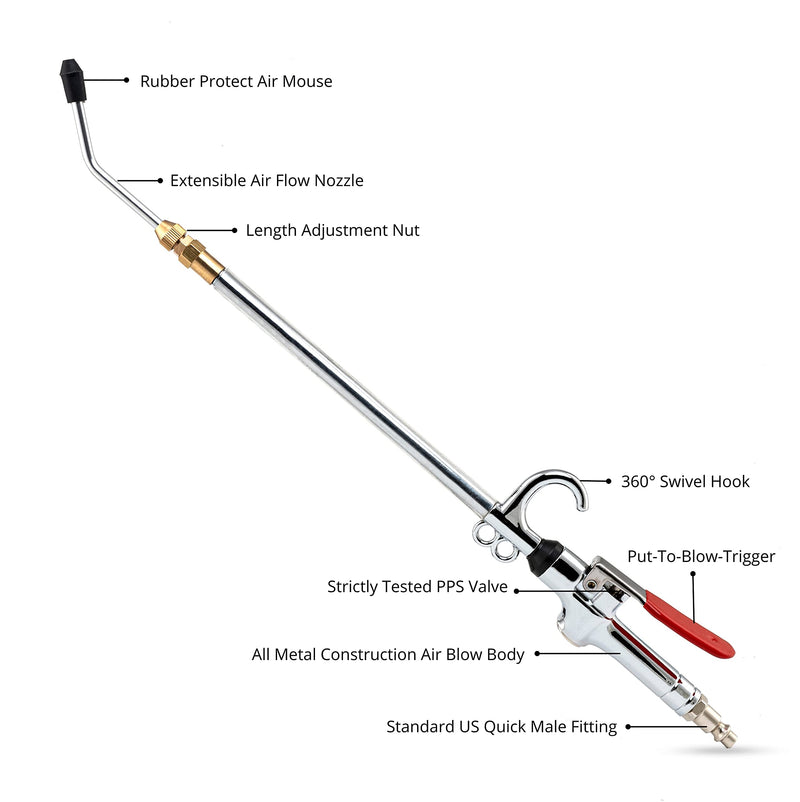 NEIKO 31122A High Flow Air Blow Gun | 17-26 Inch Extensible Stainless Steel Air Flow Nozzle | Pneumatic Air Compressor Accessories Tool | Operating Pressure 80-120 PSI | 360 Degree Swivel Hook Extendable Air Blow Gun - NewNest Australia